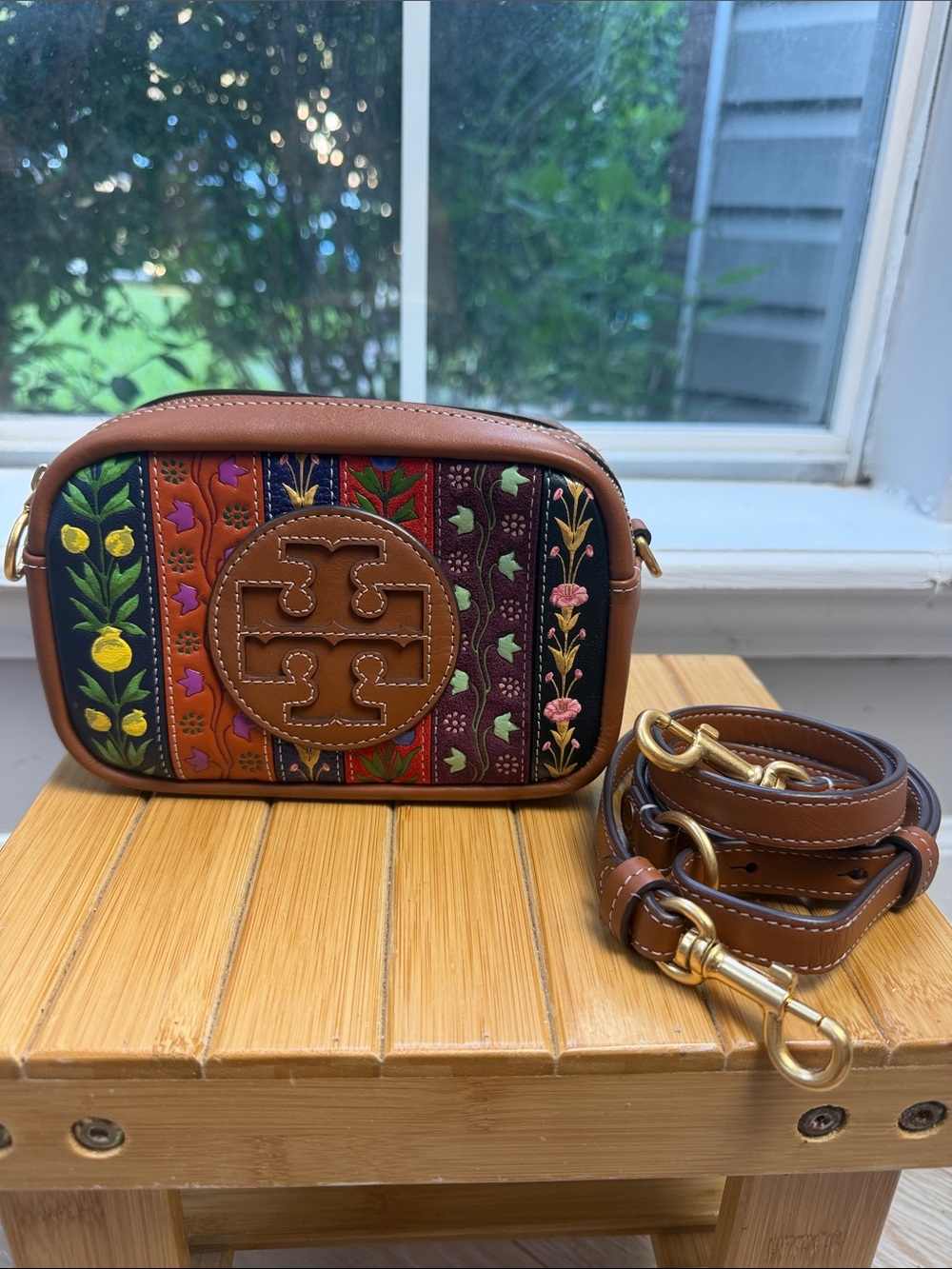 Tory Burch Brown Leather Floral Embroidered Crossbody Camera Bag